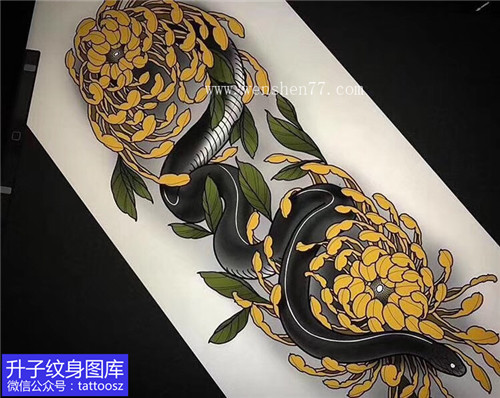 彩色菊花与蛇纹身手稿图案