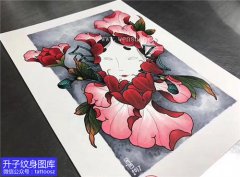 <b>彩色牡丹花与能面纹身手稿图案</b>