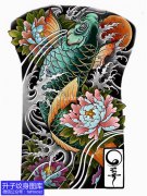 <b>满背传统彩色鲤鱼牡丹花纹身手稿图案</b>