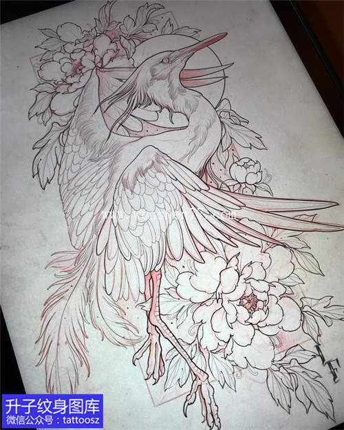 传统动物线条鸟类与牡丹花纹身手稿图案