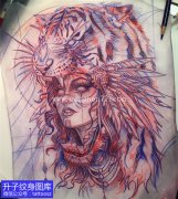 <b>老虎与美女纹身手稿图案</b>
