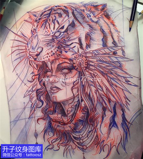 老虎与美女纹身手稿图案
