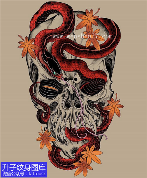 彩色骷髅头蛇纹身手稿图案