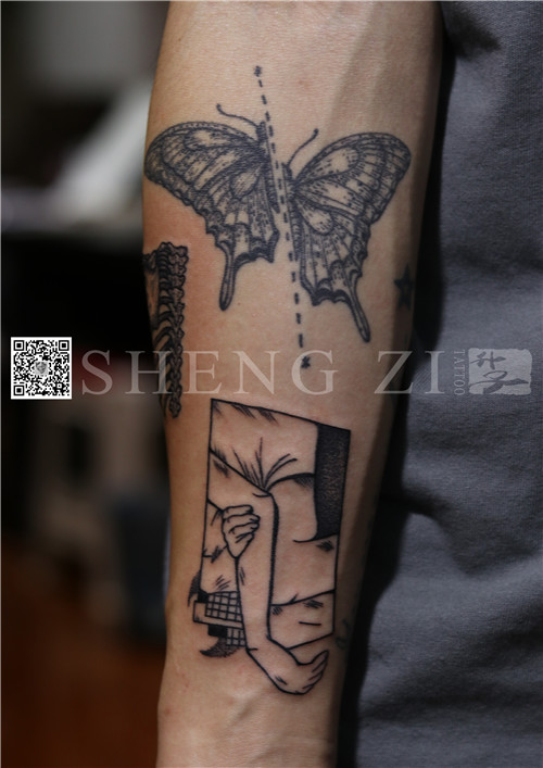 手臂内侧点刺蝴蝶人物建筑纹身图案 重庆纹身作品