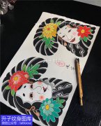 <b>老传统能面与菊花纹身手稿图案</b>