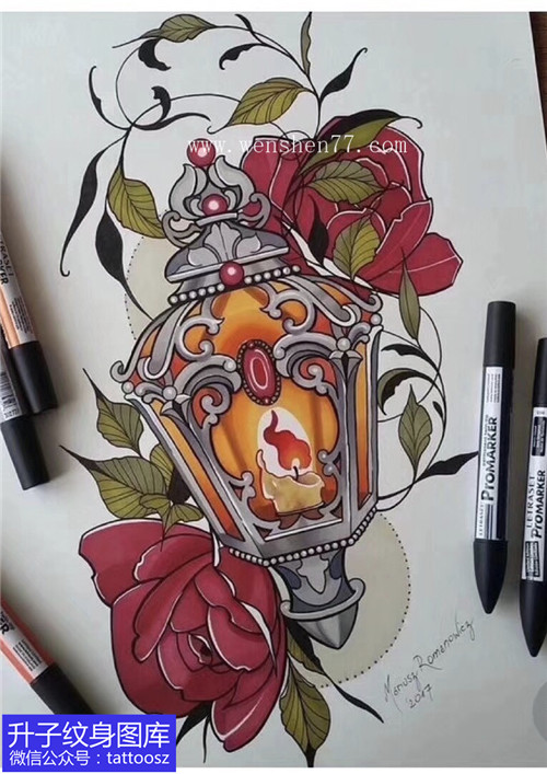 彩色灯笼与玫瑰花纹身手稿图案