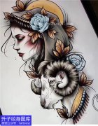 <b>欧美彩色美女与羊头纹身手稿图案</b>