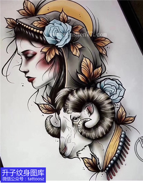 欧美彩色美女与羊头纹身手稿图案
