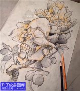 <b>个性的骷髅头与牡丹花纹身手稿图案</b>