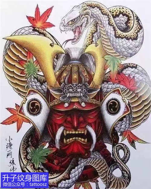 武士与蛇枫叶纹身手稿图案大全