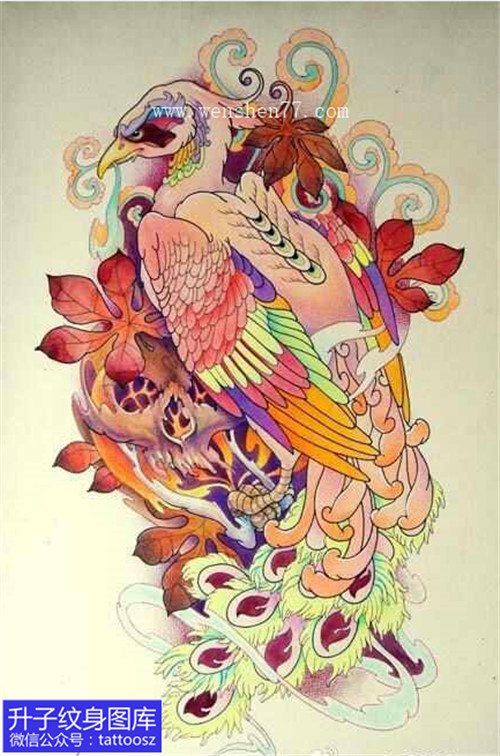 彩色孔雀骷髅枫叶纹身手稿图案