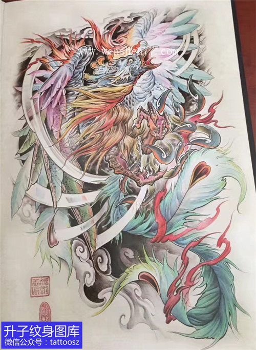 彩色个性凤凰纹身手稿图案