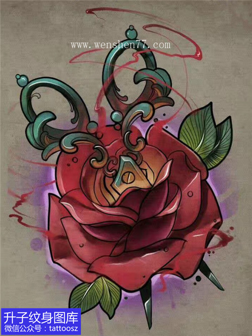 玫瑰花剪刀纹身手稿图案