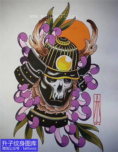 骷髅紫色菊花纹身手稿