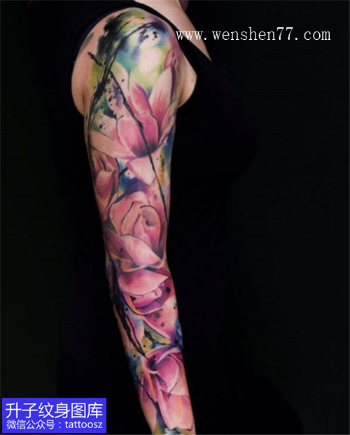 彩色花臂纹身植物花类纹身图案