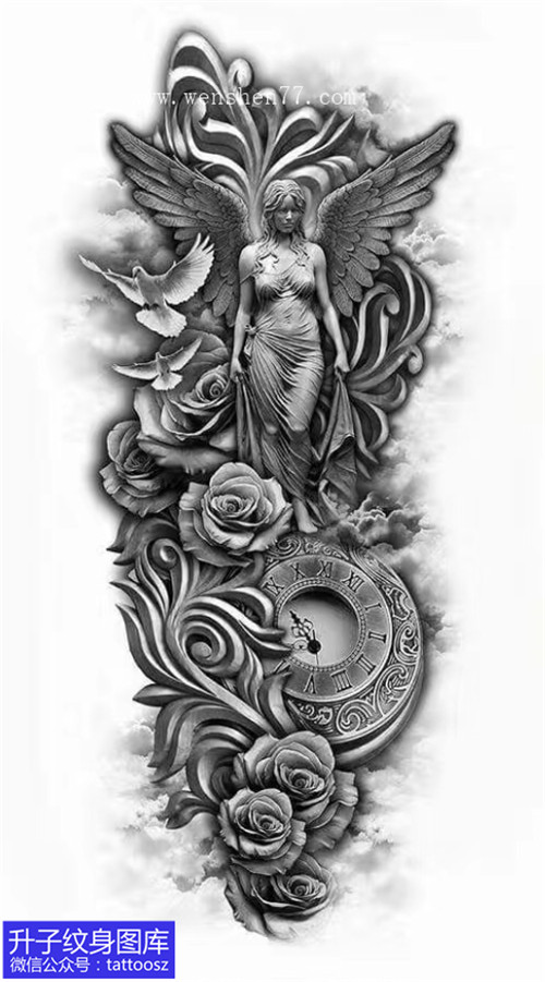 欧美钟表天使玫瑰花纹身手稿图案
