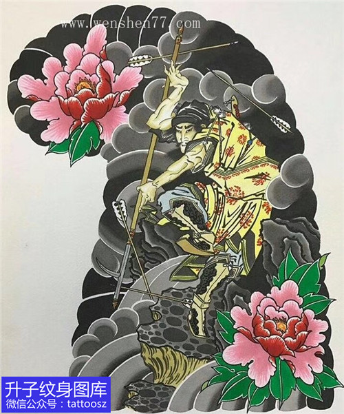 日式老传统半甲牡丹花人物纹身手稿_精品手稿