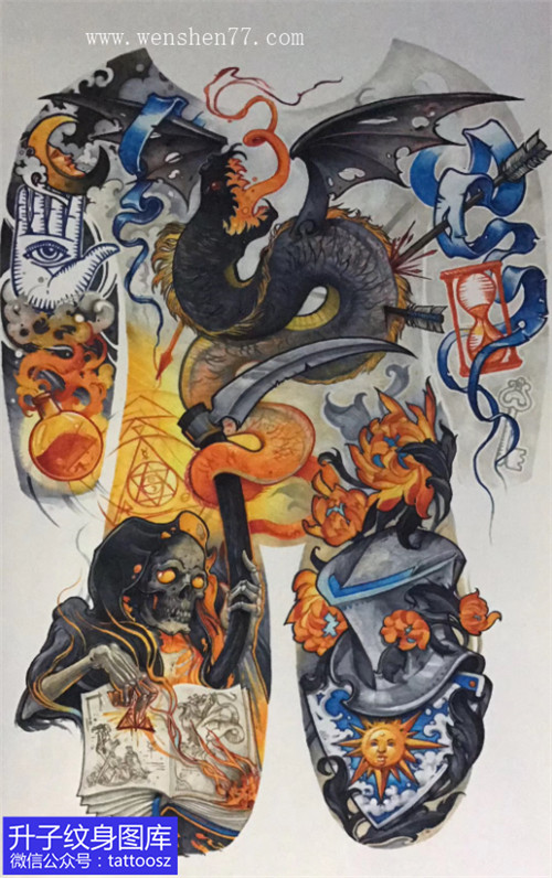 大学城满背个性蛇骷髅死神纹身手绘稿-精品手稿