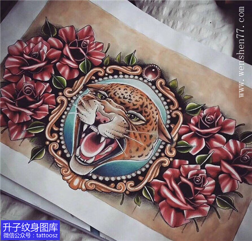 北滨路彩色豹子与玫瑰花纹身_精品手稿图案