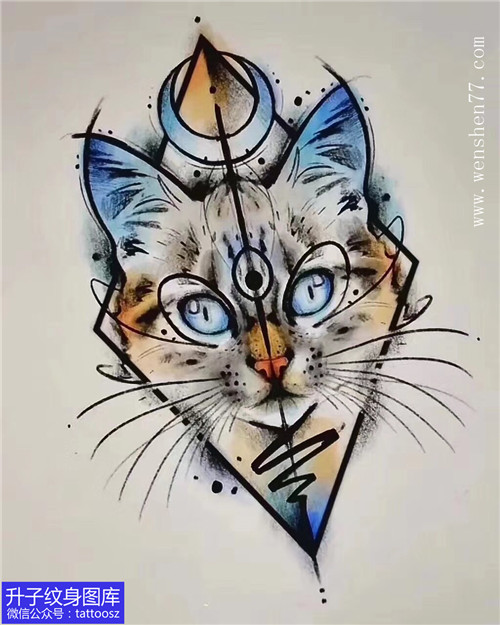 观音岩彩色可爱的猫月亮纹身手稿_精品图片