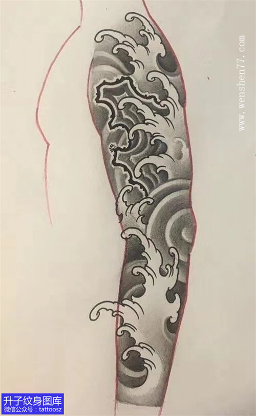 武隆新传统浪花与石头花臂纹身手稿-精品图片
