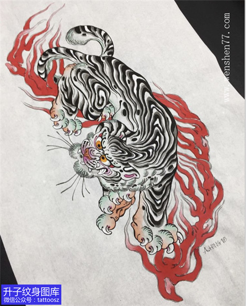 传统老虎与红色火焰纹身手稿_精品手稿