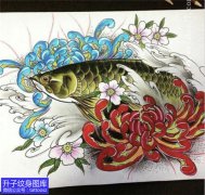 <b>彩色传统金龙鱼与菊花纹身手稿-精品图案</b>