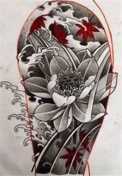 一个大臂外侧的荷花枫叶纹身手稿-精品图案