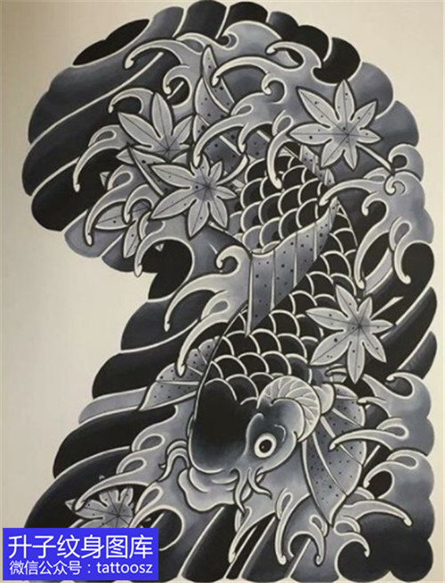 老传统黑灰鲤鱼枫叶半甲纹身手稿-精品图案