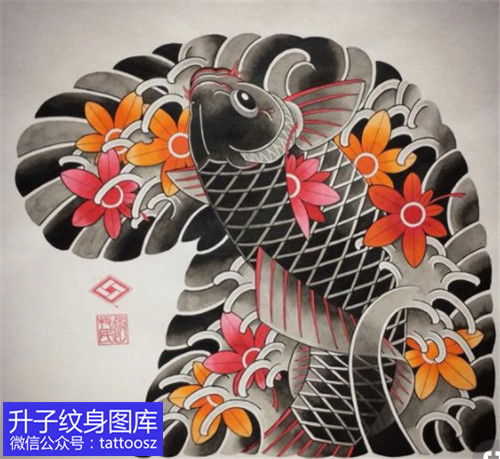 沙坪坝老传统半甲鲤鱼枫叶纹身手稿-精品图片