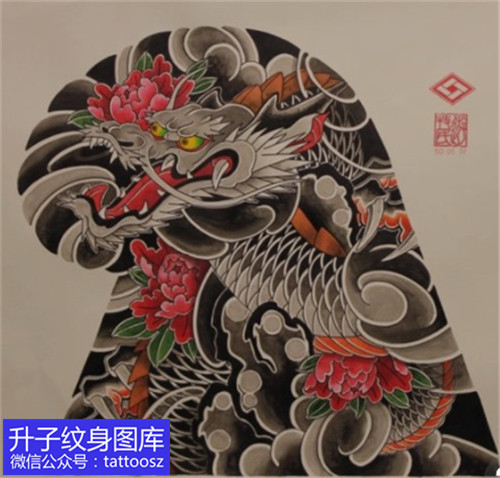 广安老传统龙牡丹花纹身手稿-精品图案