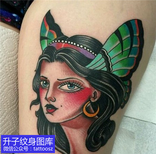 大腿外侧一个欧美的美女人物纹身图案