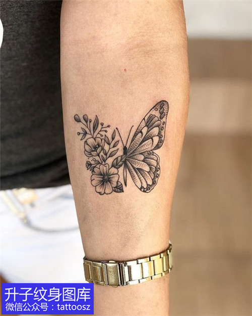 手臂内侧小清新黑灰小花与一半蝴蝶纹身