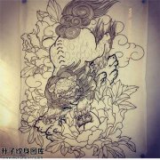 <b>唐狮与牡丹花纹身手稿图案-精品推荐</b>