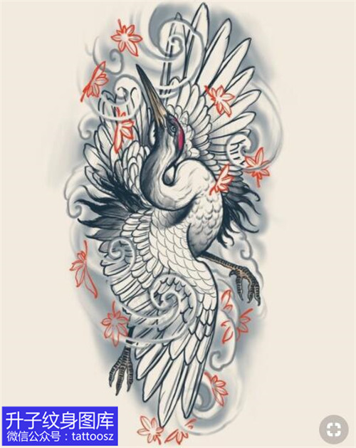 传统风格仙鹤枫叶纹身手稿图案