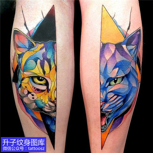 重庆手臂一对彩色猫纹身图案