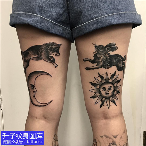 大腿后侧月亮太阳与狗兔子纹身图案