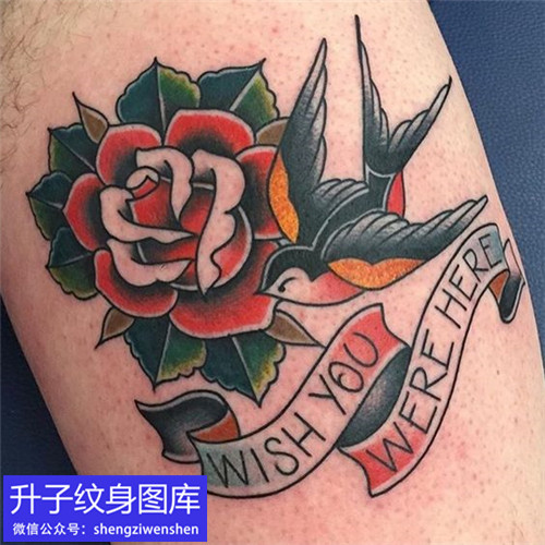 腿部玫瑰花英文字母燕子纹身图案