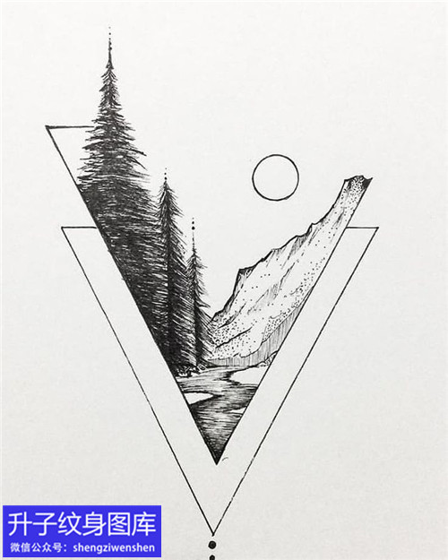 一个倒三角的风景树木纹身手稿