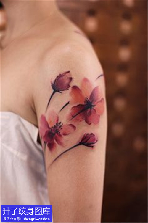 女生大臂外侧彩色植物花纹身图案