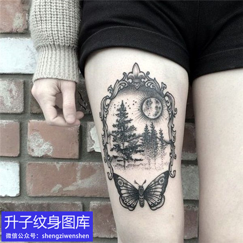 美女大腿植物树木与蝴蝶纹身图案