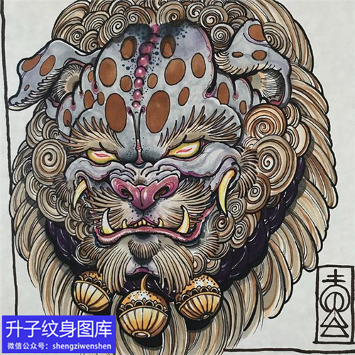新传统彩色唐狮纹身手稿图案