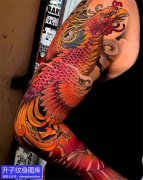 传统彩色凤凰花臂纹身图案