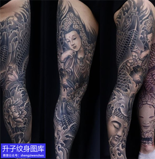传统花腿鲤鱼菩萨与佛纹身图案