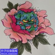 彩色牡丹花唐狮纹身手稿图案