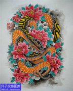 彩色蛇与牡丹花纹身手稿