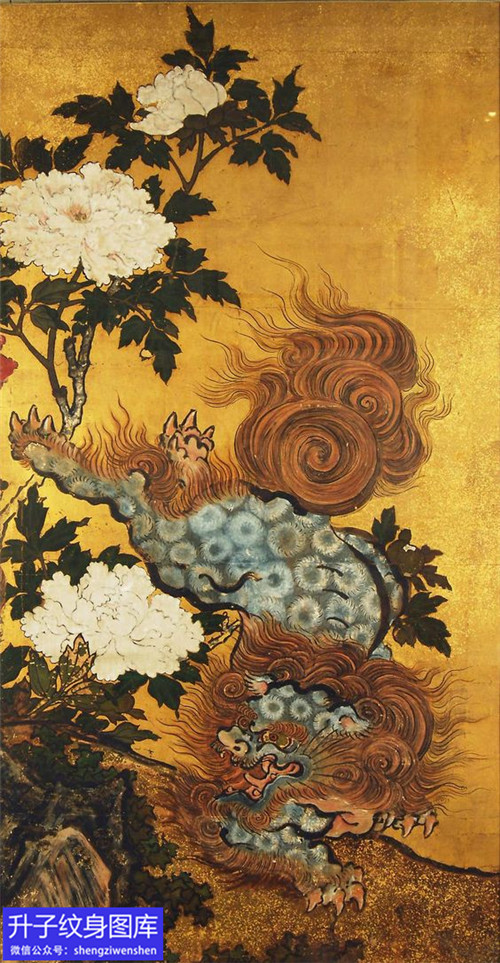 唐狮牡丹花纹身素材