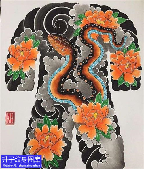 老传统满背蛇与牡丹花纹身手稿图案