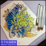<b>彩色菊花鲤鱼纹身手稿图案图片</b>