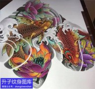 <b>新传统半甲鲤鱼荷花纹身手稿图案推荐</b>